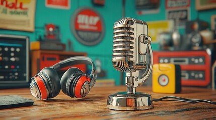 Vintage microphone and headphones on a wooden table in a retro recording studio.