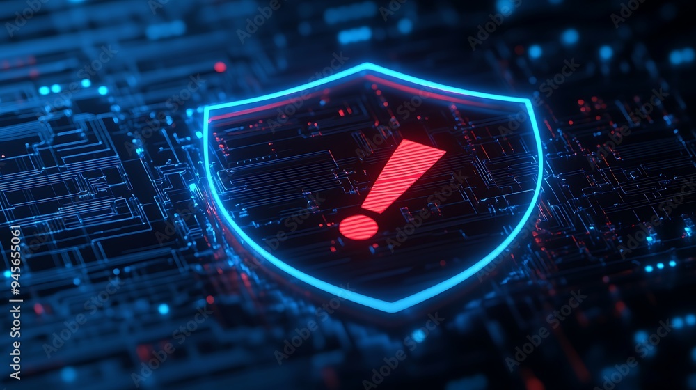 Poster cybersecurity warning concept with a glowing shield and exclamation mark symbol on a dark digital ba