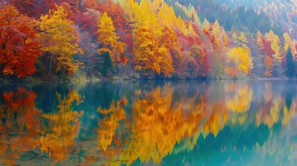Naklejka premium Reflections of lake and forest trees in autumn