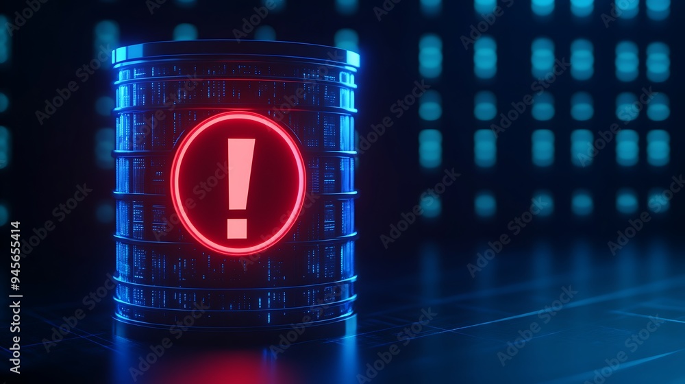 Poster data security breach warning represented by a red exclamation mark on a server background, highlight