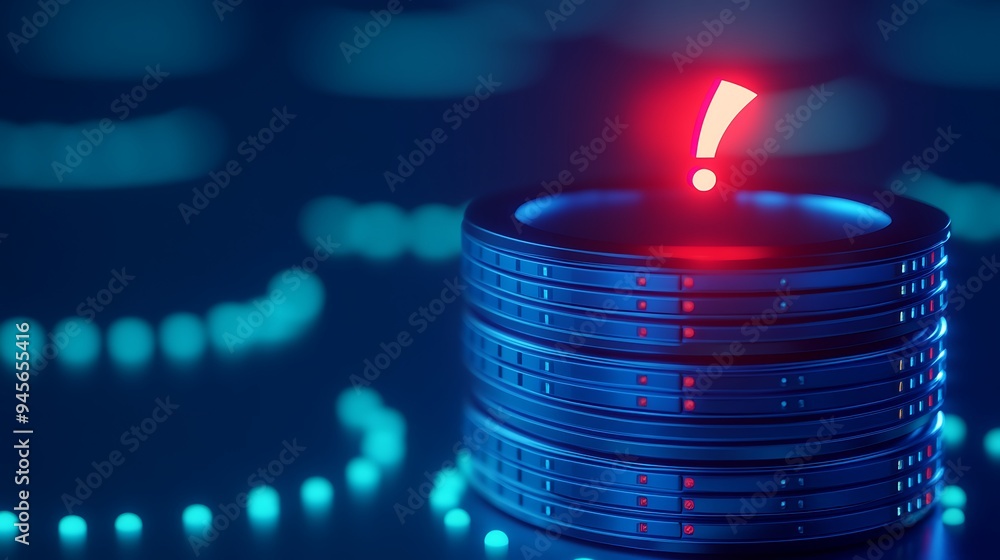 Poster data security alert concept. stack of hard drives with red exclamation mark indicating an issue or b