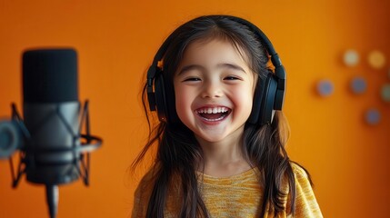 Smiling girl with headphones recording in a studio.