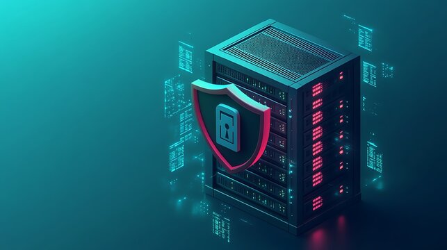 Data security concept with server, shield lock, digital protection. Secure server, information safety in modern technology.