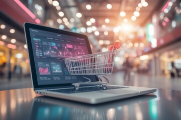 A mini shopping cart sits on a laptop keyboard showing statistical data and graphs, metaphorically combining online shopping and digital business analytics in a brightly lit environment.