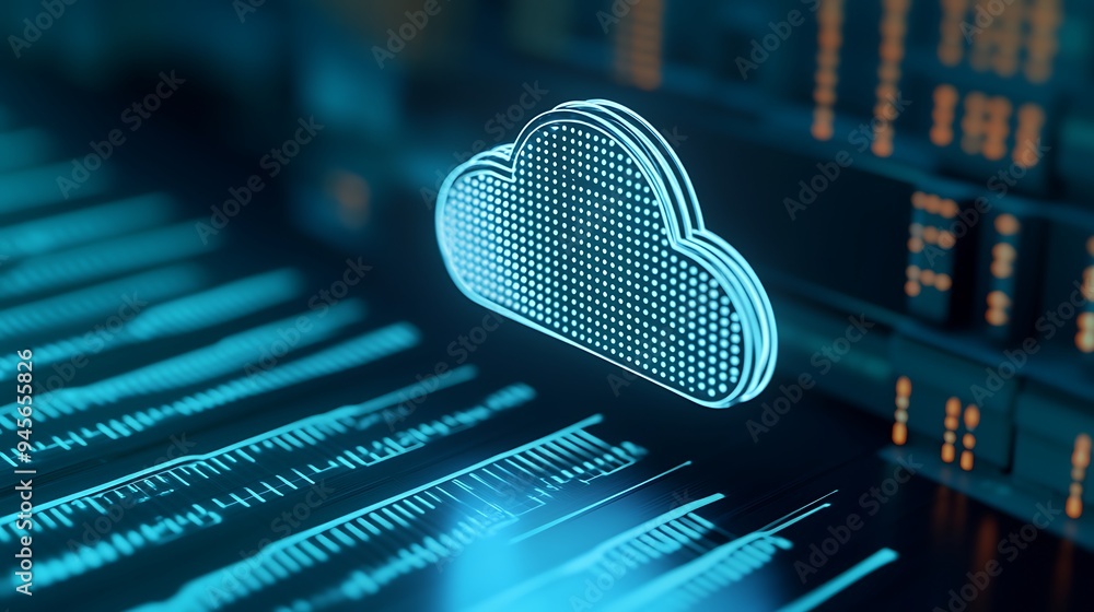 Poster digital cloud computing concept with abstract futuristic server and data storage visualization. blue