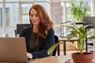 Smiling businesswoman working on a laptop at her office desk