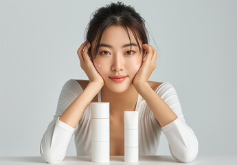 Smiling Korean Model Highlighting Skincare Products with Glowing Natural Beauty