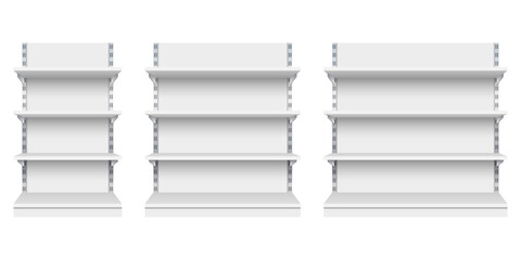 Realistic supermarket stand, bookcase, shop product exhibition set.Showcase display or equipment for warehouse. © Ice pick