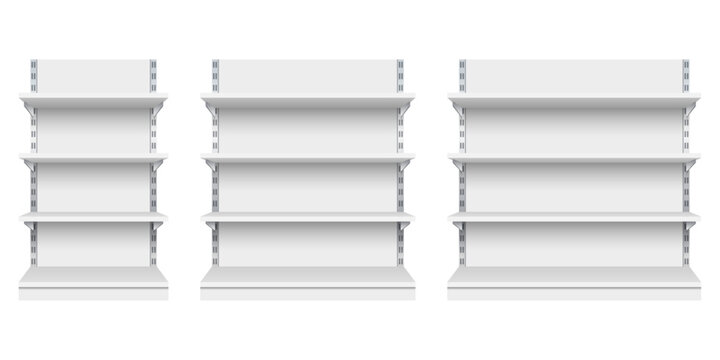 Realistic supermarket stand, bookcase, shop product exhibition set.Showcase display or equipment for warehouse.