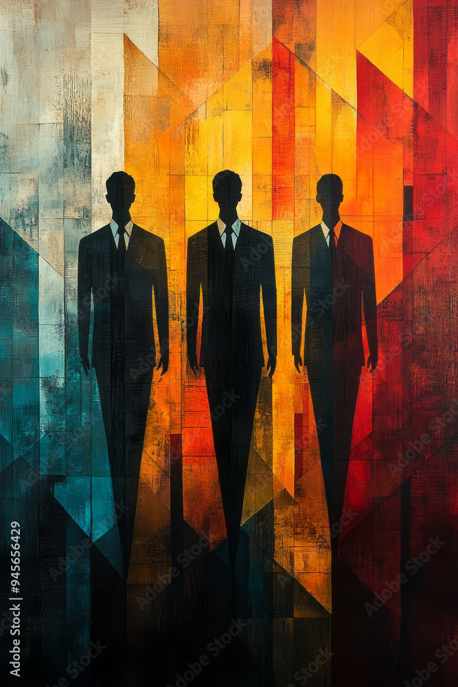 Poster Abstract teamwork with sleek figures and geometric patterns in a vibrant design,