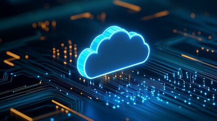 Digital cloud icon on futuristic circuit board, representing cloud computing, data storage, and internet technology concepts.