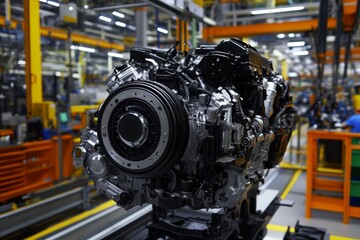 Fototapeta premium A close-up view of automotive engine mechanical components, presenting a detailed look at the intricate metal parts and craftsmanship involved in engine construction.