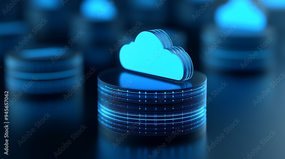 Poster digital cloud storage concept with glowing blue cloud icon on top of server stacks, futuristic data 