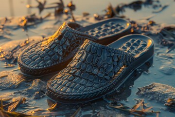 Stylish black slides resting on wet sand at sunset, featuring a textured croc skin pattern with nature in the background