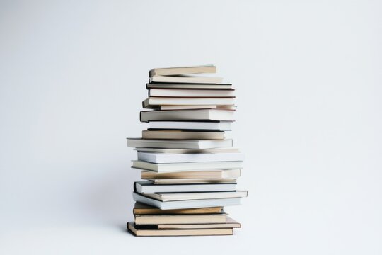 A neatly stacked pile of various books on a plain white background, representing knowledge, education, and endless stories, ideal for a minimalist artistic depiction.
