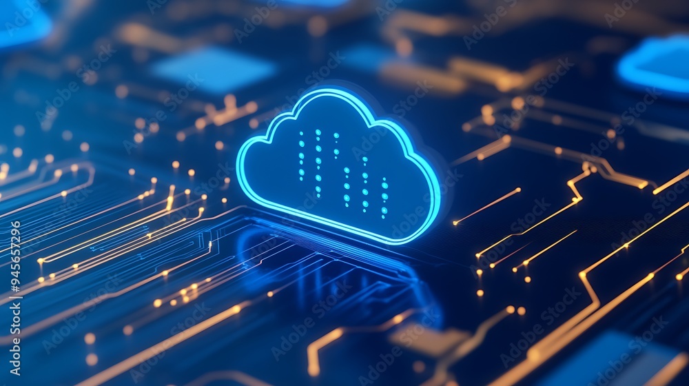 Poster digital cloud technology concept with glowing blue cloud icon and circuit board background, represen