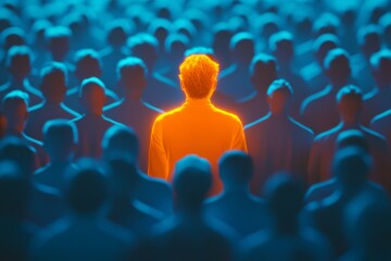 The image shows a conceptual illustration of a single orange figure standing out from a blue crowd, symbolizing individuality, uniqueness, and being different in a sea of sameness.