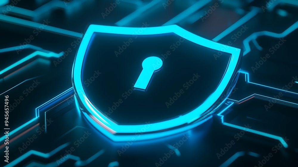 Poster digital cybersecurity concept depicting a glowing shield with a keyhole on a technological circuit b