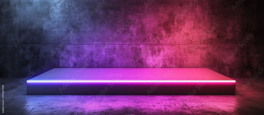 Poster blank product display with neon lights in a dark room background 3d rendering illustration
