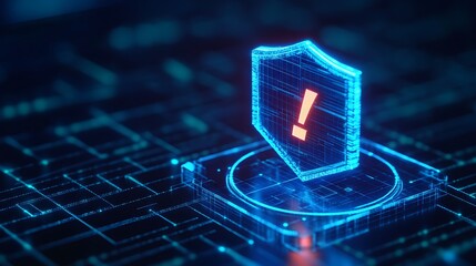 Digital cybersecurity alert symbol, futuristic technology warning interface with a glowing shield and exclamation mark, data protection concept.