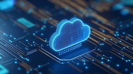 Digital cloud technology representation with futuristic circuit board background, highlighting data processing and storage concepts.