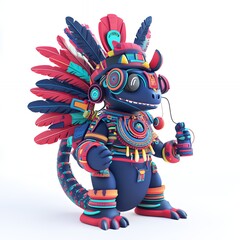 A colorful, stylized dragon character adorned with feathers and accessories, holding a drink.