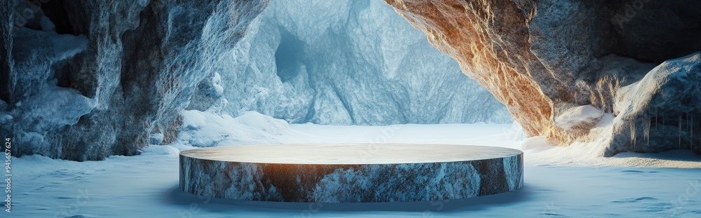 Poster abstract 3d render of a winter scene featuring a natural stone podium set in a snowy mountain cave i