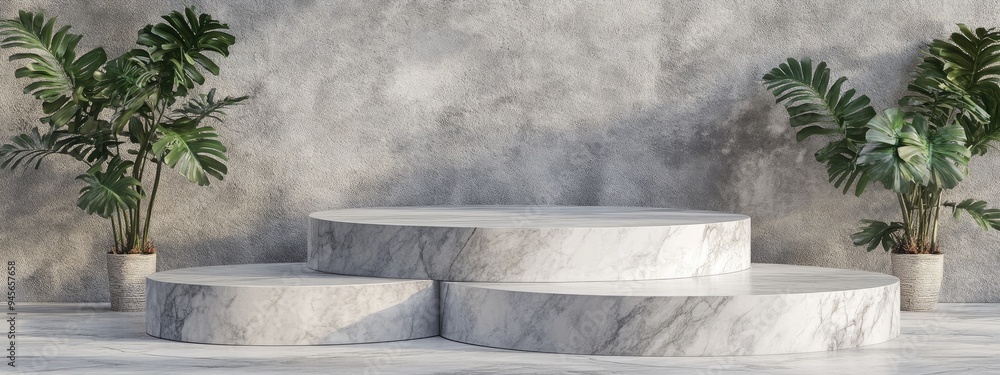 Poster marble stone showcase featuring platforms for product advertising and presentations 3d rendering of 