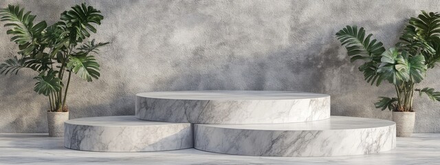 Marble stone showcase featuring platforms for product advertising and presentations 3D rendering of a marble podium stage