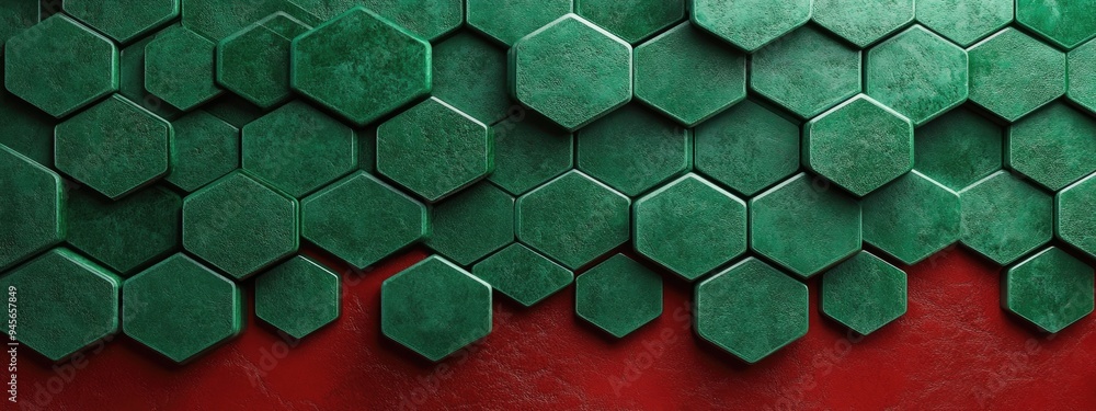 Aufkleber green hexagonal granite pattern on a red backdrop minimalistic 3d rendering