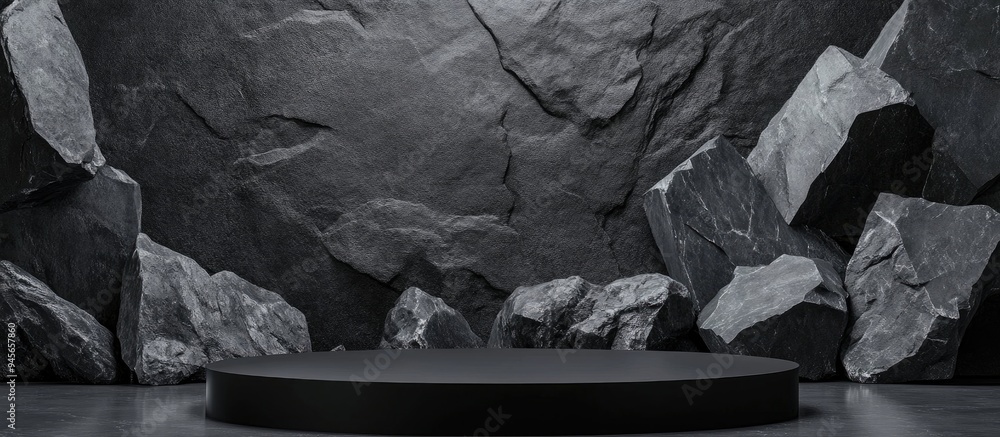 Poster Black geometric stone and rock shapes create a minimalist background for podium display or showcase with 3D rendering