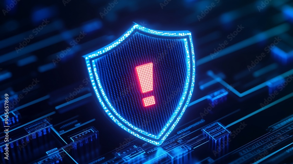 Poster digital cybersecurity concept with glowing shield on blue circuit background, representing data prot