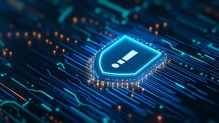 Digital cybersecurity concept with glowing shield icon on circuit board, representing data protection and secure computing technology.