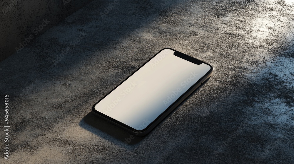 Poster Close up of an empty smartphone on a desktop with a textured background and shadows ideal for mock up presentations 3D rendering