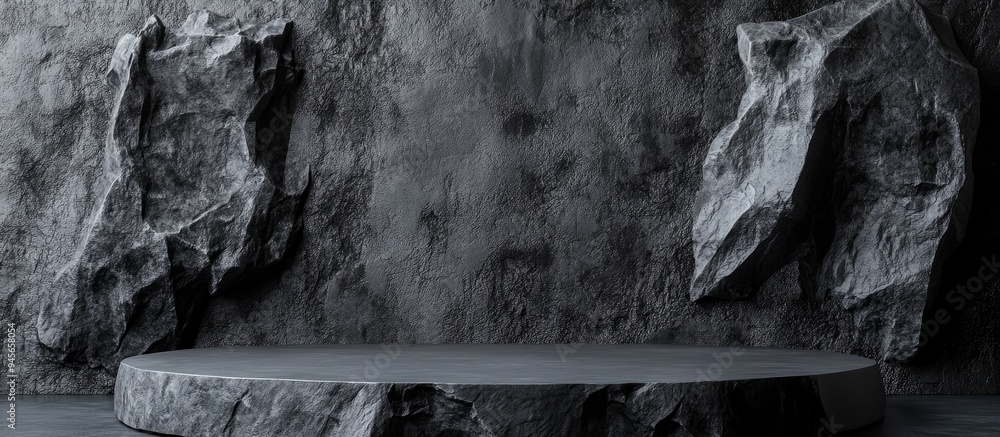 Poster Black geometric stone and rock texture background minimalist mockup for podium presentation or display 3D rendering