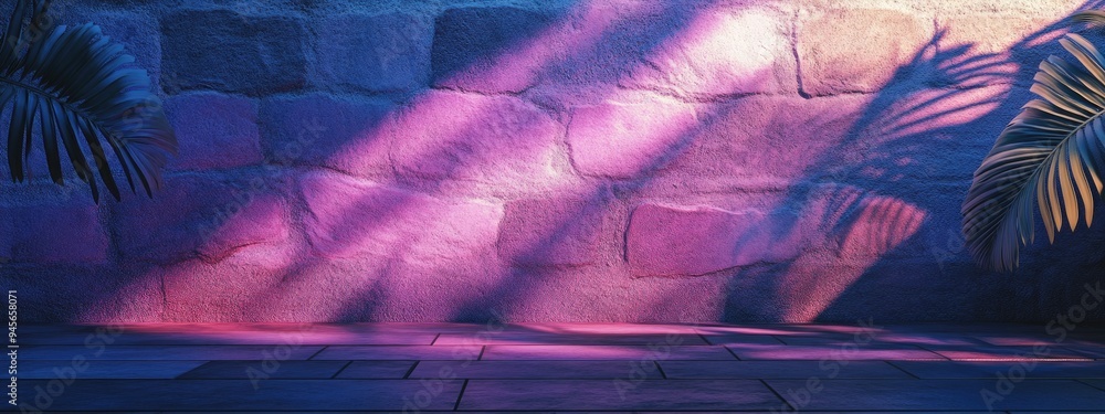 Poster Fern leaf shadow on a stone wall with a wooden floor creating a backdrop for showcasing health related products and accessories 3D render