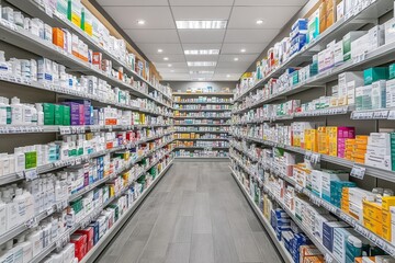 A visually appealing, well-stocked pharmacy with diverse healthcare and pharmaceutical products on display, highlighting the comprehensive range and accessibility of modern healthcare stores.