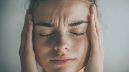 Fototapeta premium The individual sits quietly with eyes closed and hands on their head, visibly displaying feelings of stress and anxiety in a serene environment. Generative AI