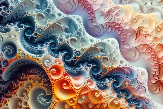 intricate fractal designs that showcase repeating geometric patterns with increasing complexity.  vibrant color gradients, sharp angles, and organic forms to give a sense of infinite depth and harmony