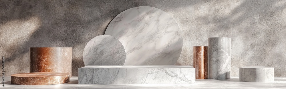 Poster Marble texture geometric shape collection with blank podium shelf 3D rendering