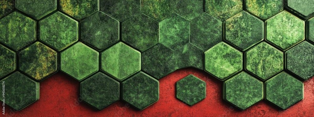 Poster Green hexagonal granite pattern on a red backdrop minimalistic 3D rendering