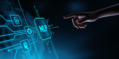 NLP Natural Language processing concept. Human Hand Touching Futuristic Virtual Screen with NLP icon