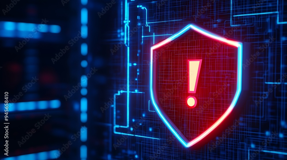 Aufkleber digital graphic showing a cybersecurity warning sign on a shield, indicating a security alert or dat