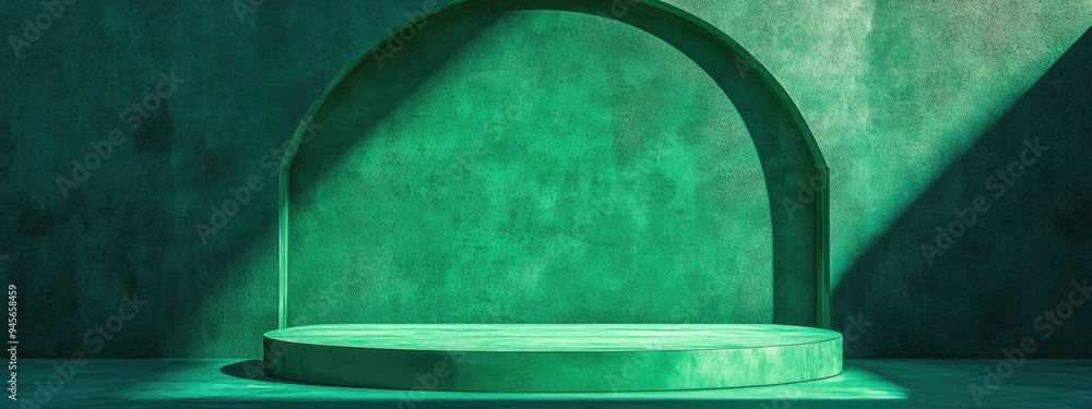 Poster 3d scene featuring a green podium set against a square textured arch and wall backdrop