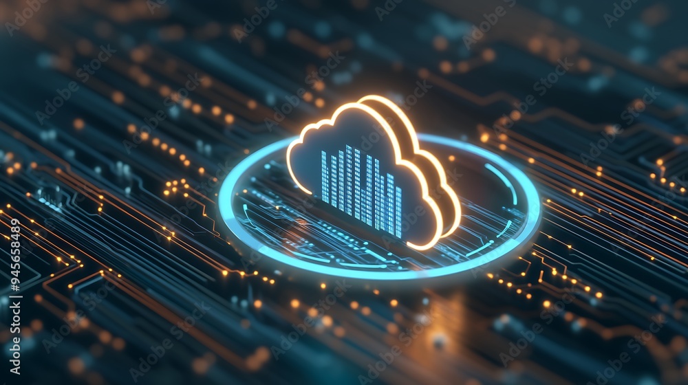 Poster digital illustration of a cloud icon on a circuit board, representing cloud computing and technology