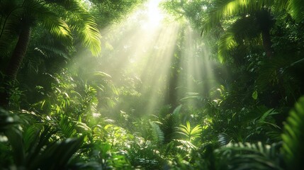 Tranquil Sunlit Jungle Canopy - Serene Tropical Rainforest Landscape with Vibrant Green Foliage and Sun Rays Filtering Through the Trees
