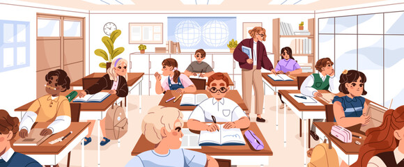 Happy children sit at desks in classroom. Young teacher helps, assist kids with learning in school class. Students study, reading, writing, fun and talk during lesson. Flat vector illustration