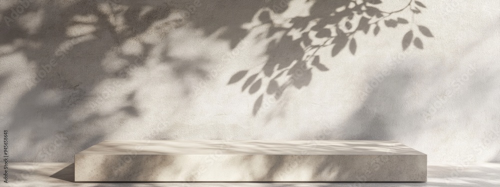 Poster Minimal product placement with concrete background and leaf shadows on a white plaster wall 3D rendered podium stage showcase with beige display pedestal