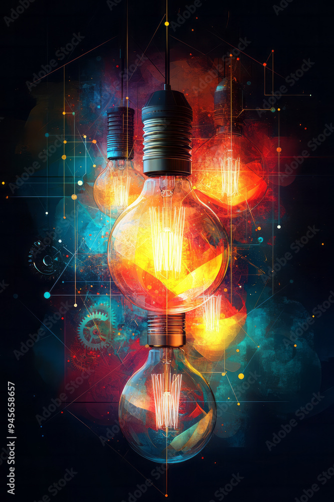 Poster abstract innovation with gears and lightbulbs in a dynamic, geometric design,
