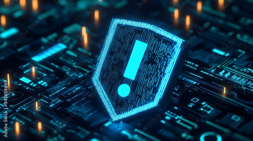 Poster digital illustration of a security shield with an exclamation mark on a computer circuit board backg